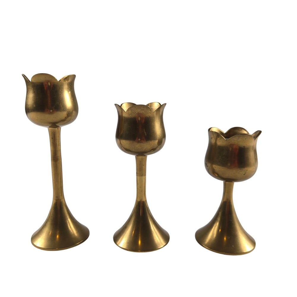 Vintage Solid Brass Tulip Candlestick Holders Set of 3 Taiwan Graduated MCM